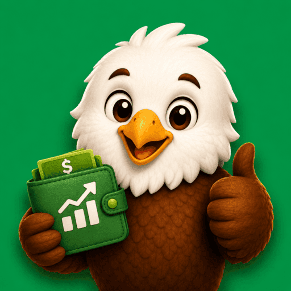 Eyrie eagle mascot holding a savings chart